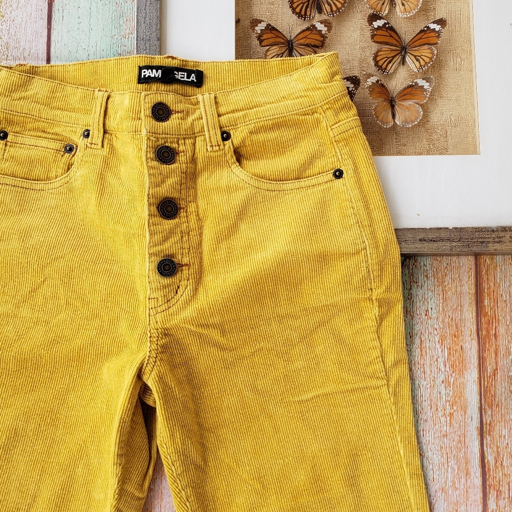 Pam & Gela Mustard Cropped Flare Corduroy Pants S - Picture 3 of 7